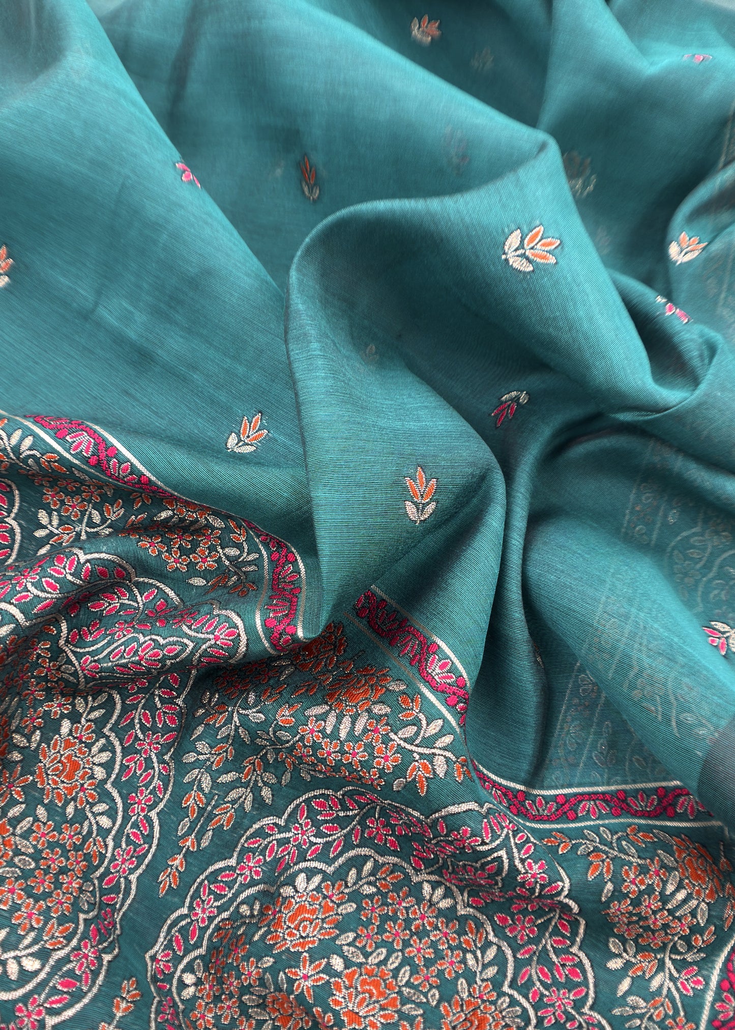 Green Linen Chanderi Suit Fabric with Jamdani Weaving And Embroidery