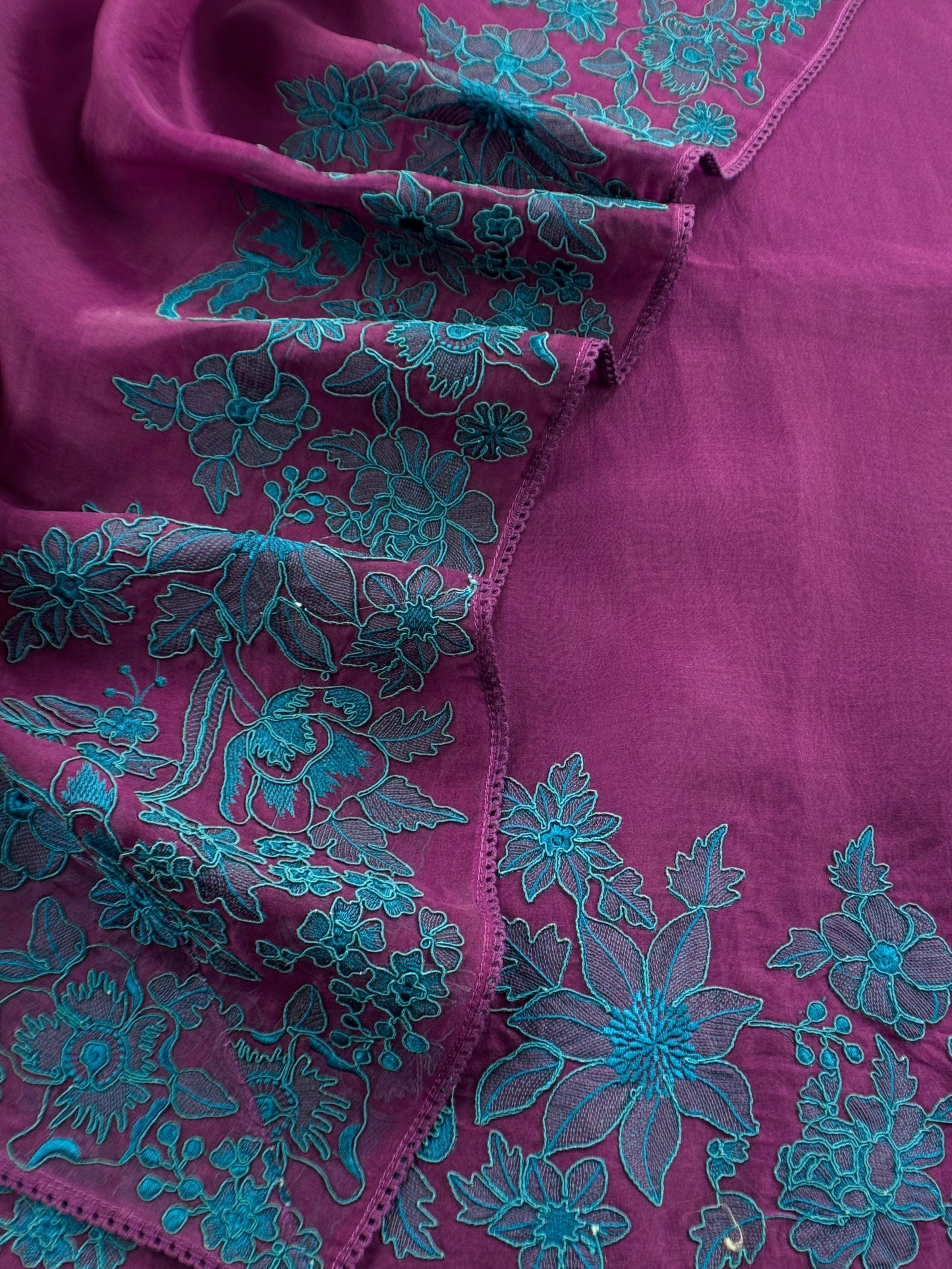 Luxe Purple And Pine  Blue  Kora Silk Suit With French Thread Embroidery