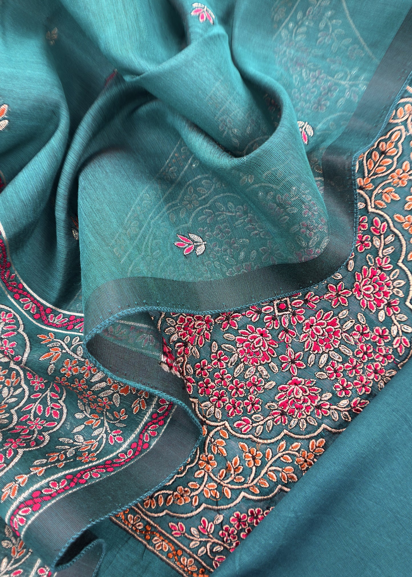 Green Linen Chanderi Suit Fabric with Jamdani Weaving And Embroidery