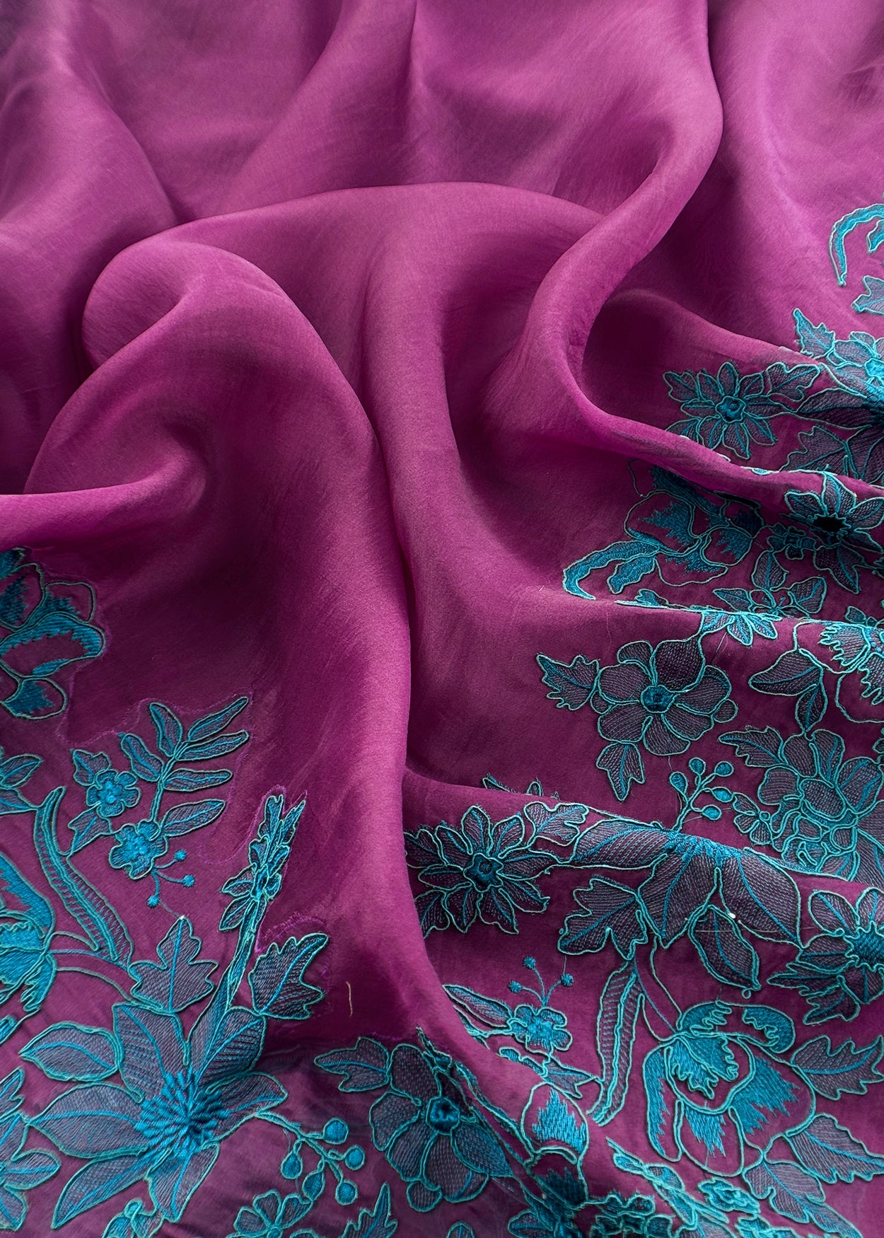 Luxe Purple And Pine  Blue  Kora Silk Suit With French Thread Embroidery