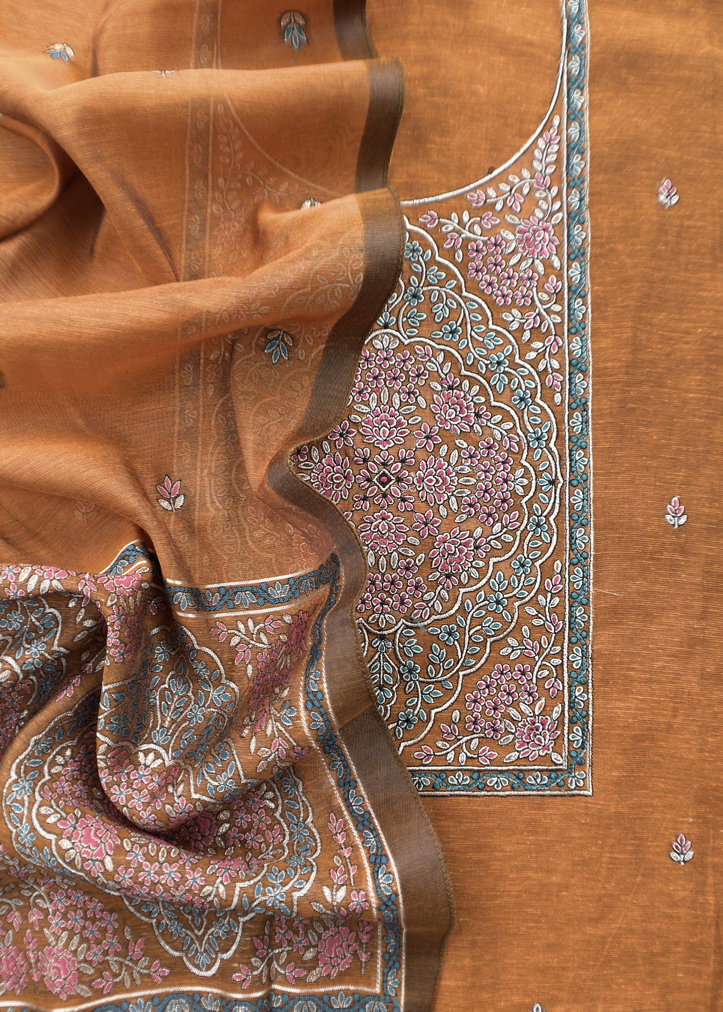 Mustard Ochre Linen Chanderi Suit Fabric With Jamdani Weaving And Embroidery