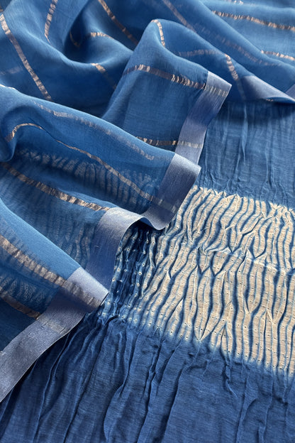 Blue Handloom Mul Unstitched Suit Fabric With Shibori Hand Tie and Dye