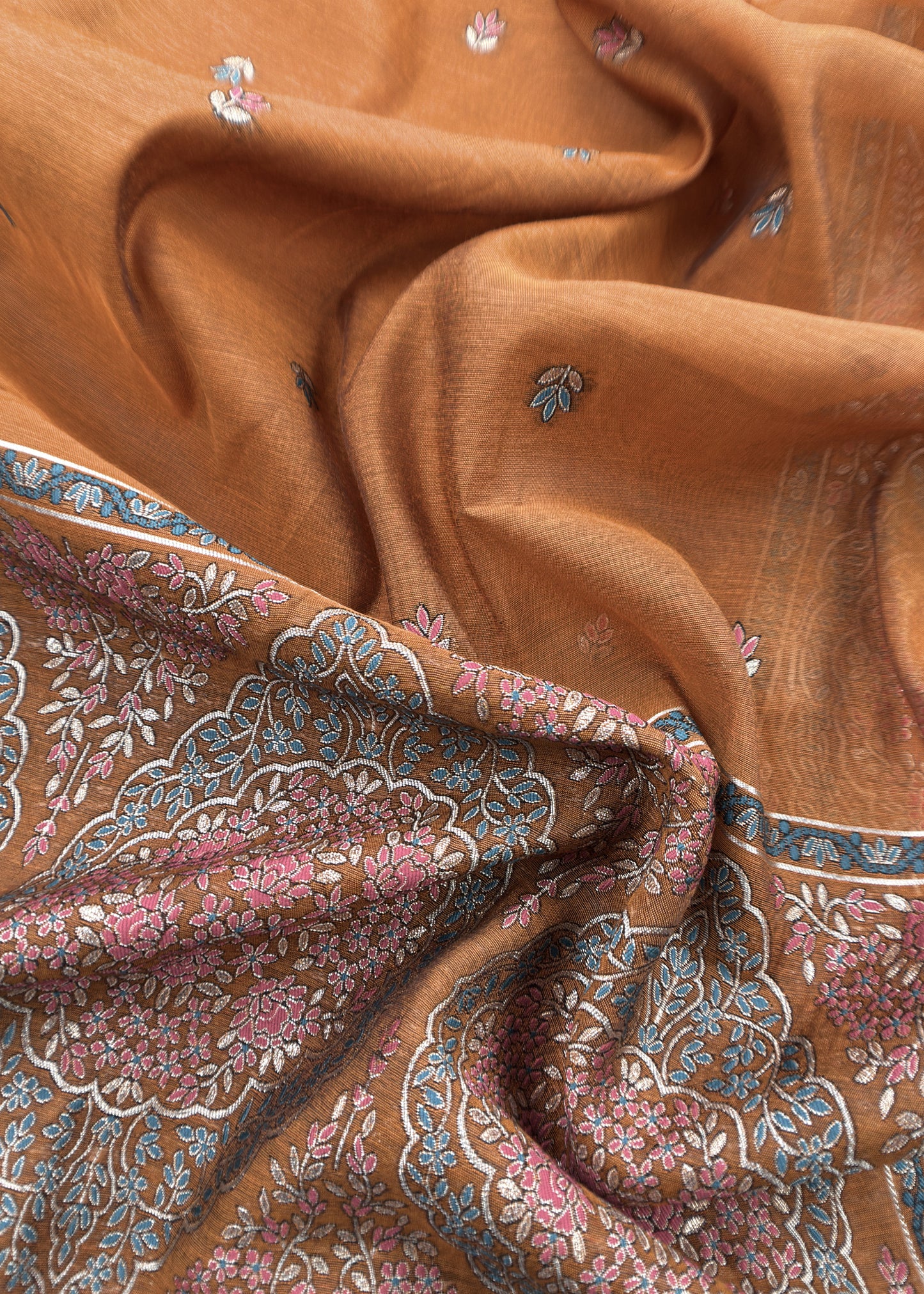 Mustard Ochre Linen Chanderi Suit Fabric With Jamdani Weaving And Embroidery
