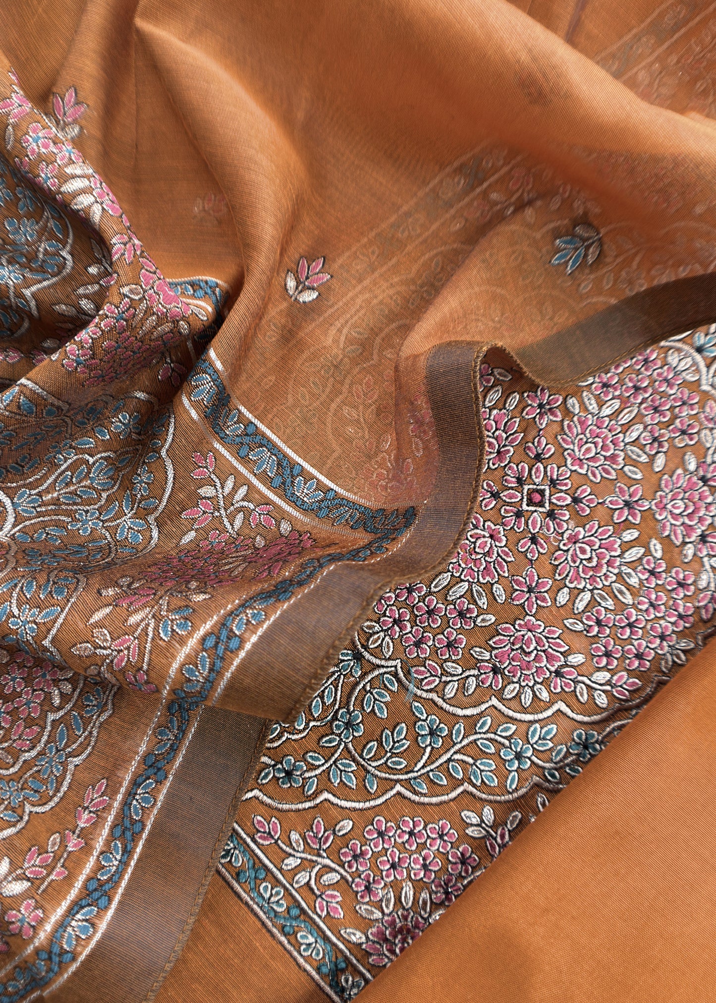 Mustard Ochre Linen Chanderi Suit Fabric With Jamdani Weaving And Embroidery