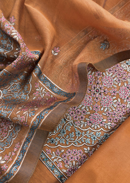 Mustard Ochre Linen Chanderi Suit Fabric With Jamdani Weaving And Embroidery