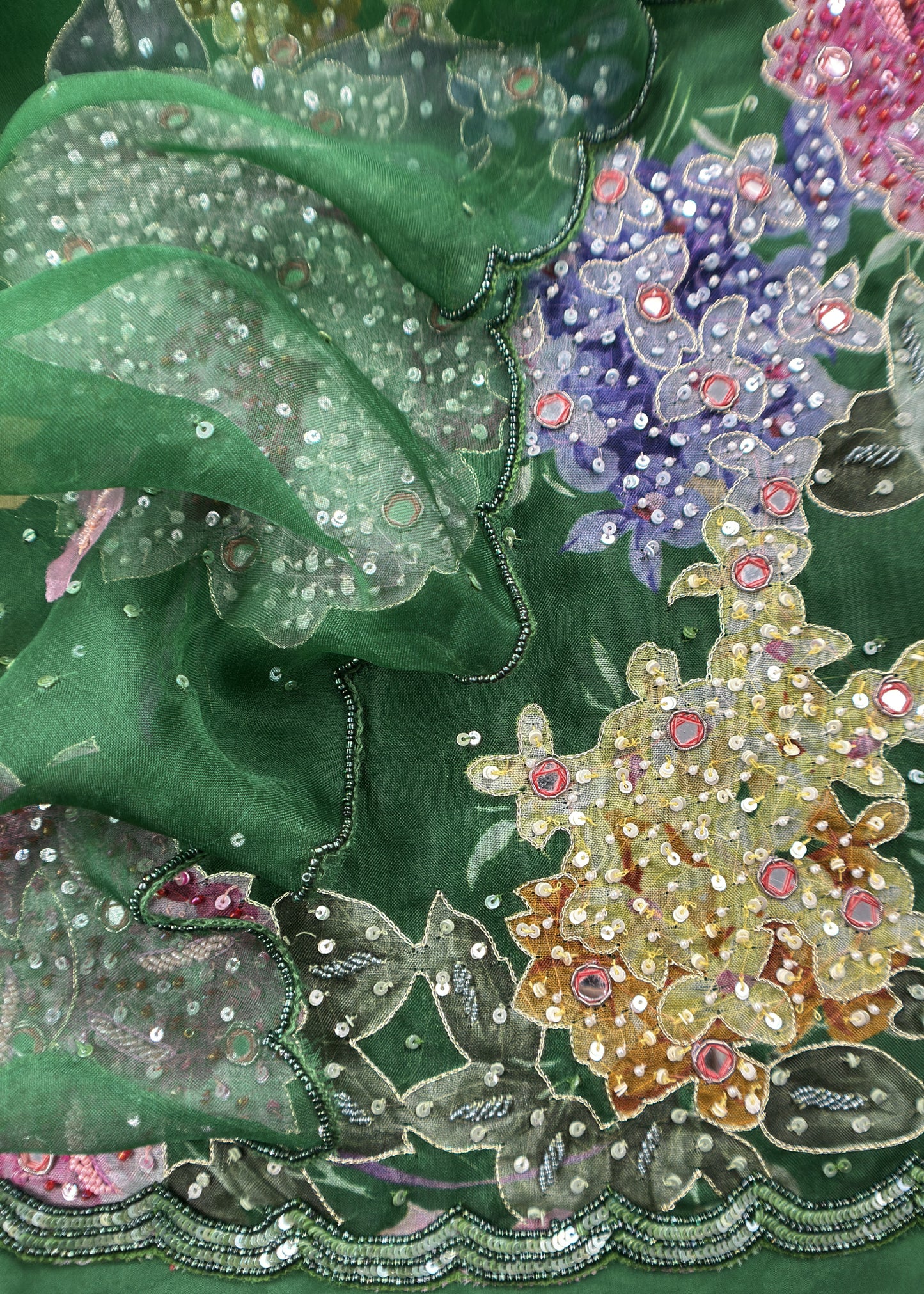 Green Crushted Organza Unstitched Suit With Dupatta