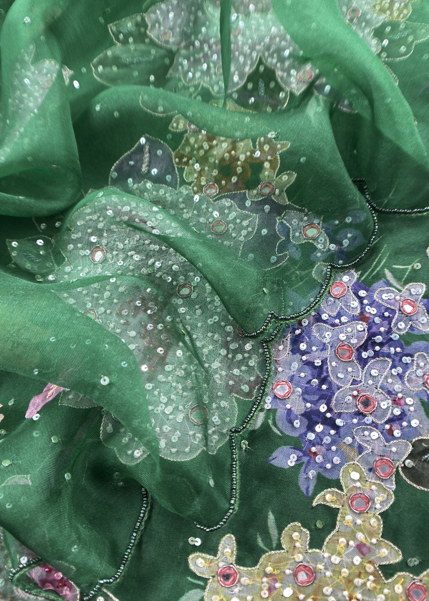 Green Crushted Organza Unstitched Suit With Dupatta