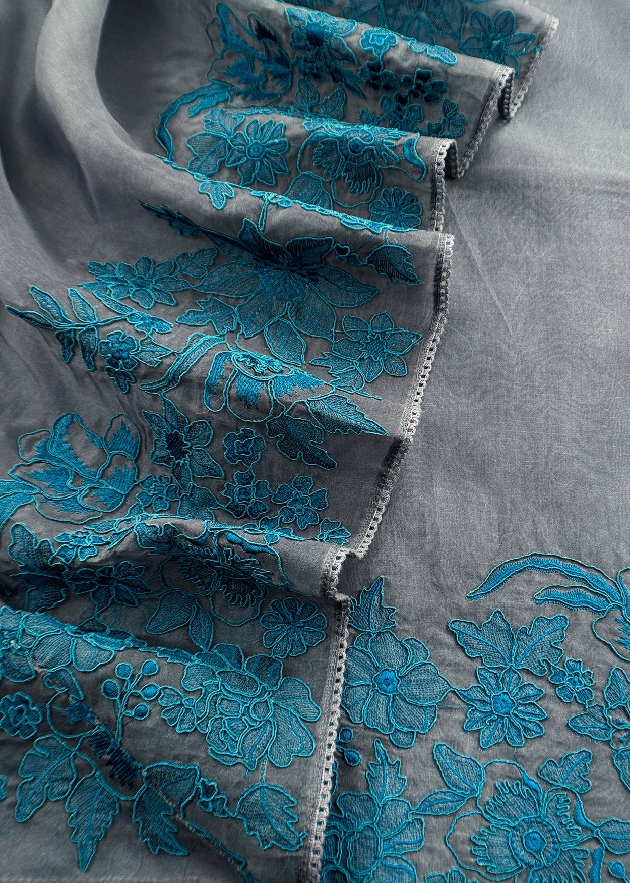 Luxe Grey And Pine Green Kora Silk Suit With French Thread Embroidery