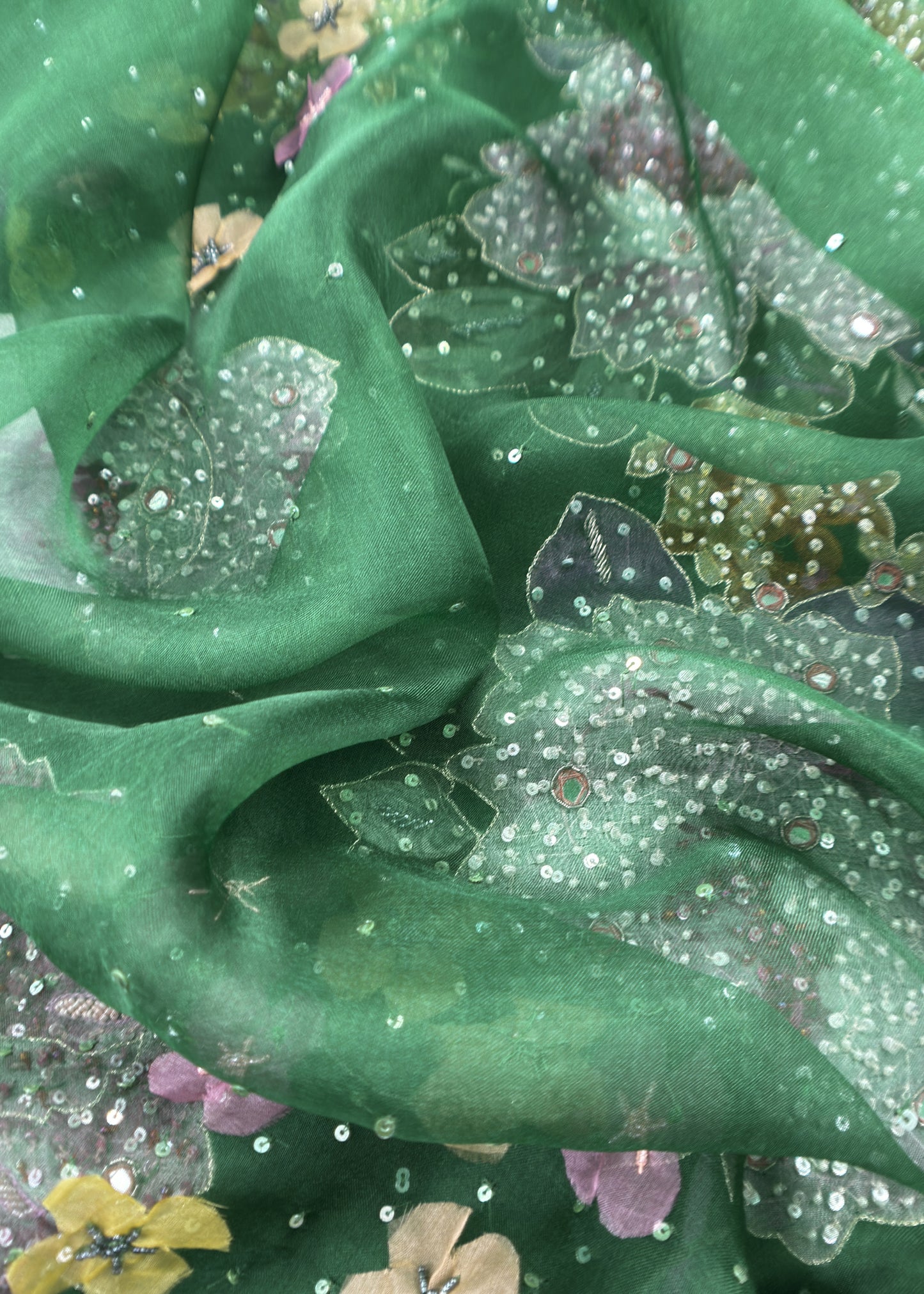 Green Crushted Organza Unstitched Suit With Dupatta