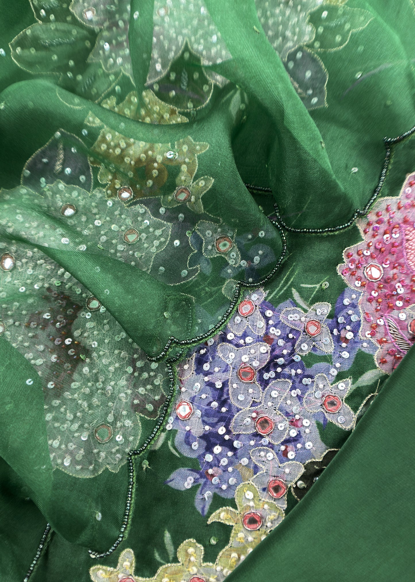 Green Crushted Organza Unstitched Suit With Dupatta