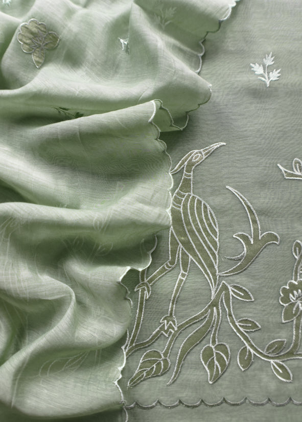 Sage Green Presenting Our Pure Mul Cotton Unstitched Dupatta Suit With Tissue Appliqué Work