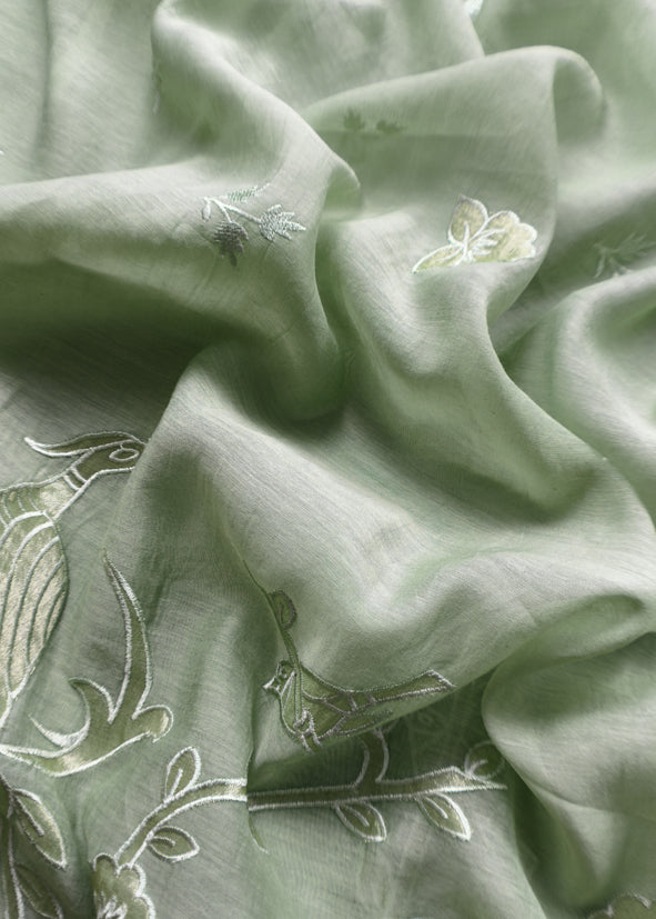 Sage Green Presenting Our Pure Mul Cotton Unstitched Dupatta Suit With Tissue Appliqué Work
