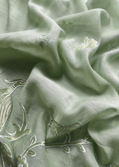 Sage Green Presenting Our Pure Mul Cotton Unstitched Dupatta Suit With Tissue Appliqué Work