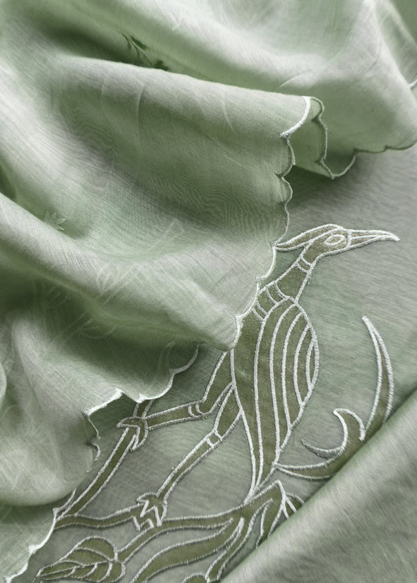 Sage Green Presenting Our Pure Mul Cotton Unstitched Dupatta Suit With Tissue Appliqué Work