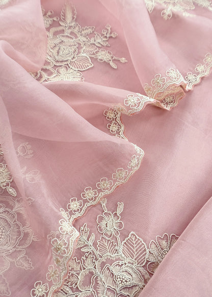 Pink Handloom Kora Silk Unstitched Suit Fabric With French Thread Embroidery