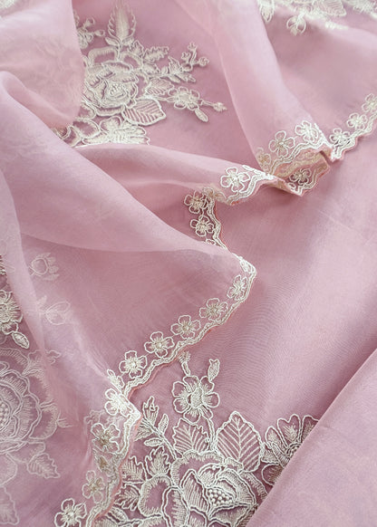 Lavender Handloom Kora Silk Unstitched Suit Fabric With French Thread Embroidery