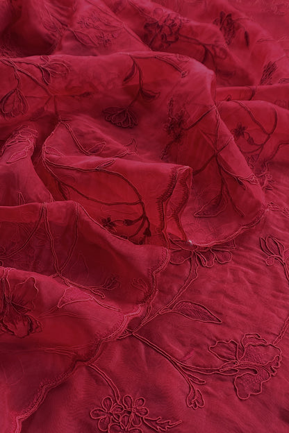 Blood Red Pure Kora Silk Suit With French Thread Embroidery
