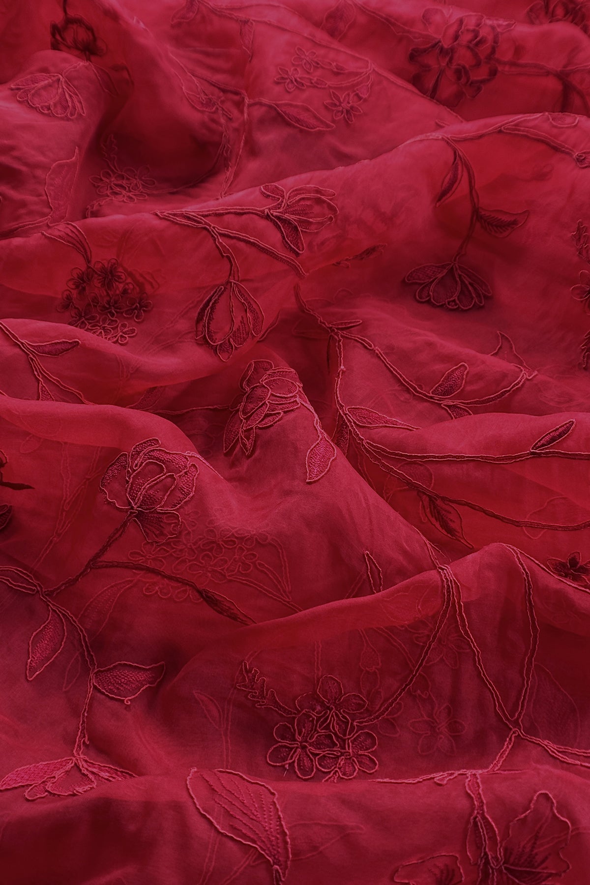 Blood Red Pure Kora Silk Suit With French Thread Embroidery