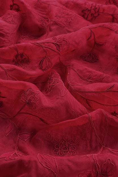 Blood Red Pure Kora Silk Suit With French Thread Embroidery