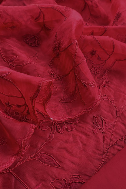 Blood Red Pure Kora Silk Suit With French Thread Embroidery