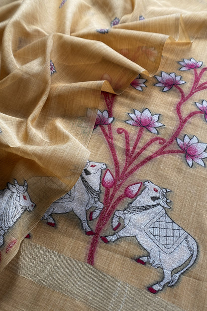 linen chanderi suit with jamdani parrot weaving

