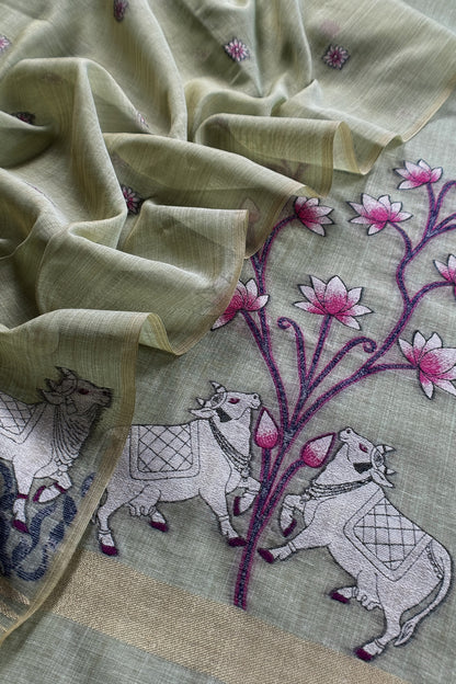 linen chanderi suit with jamdani parrot weaving

