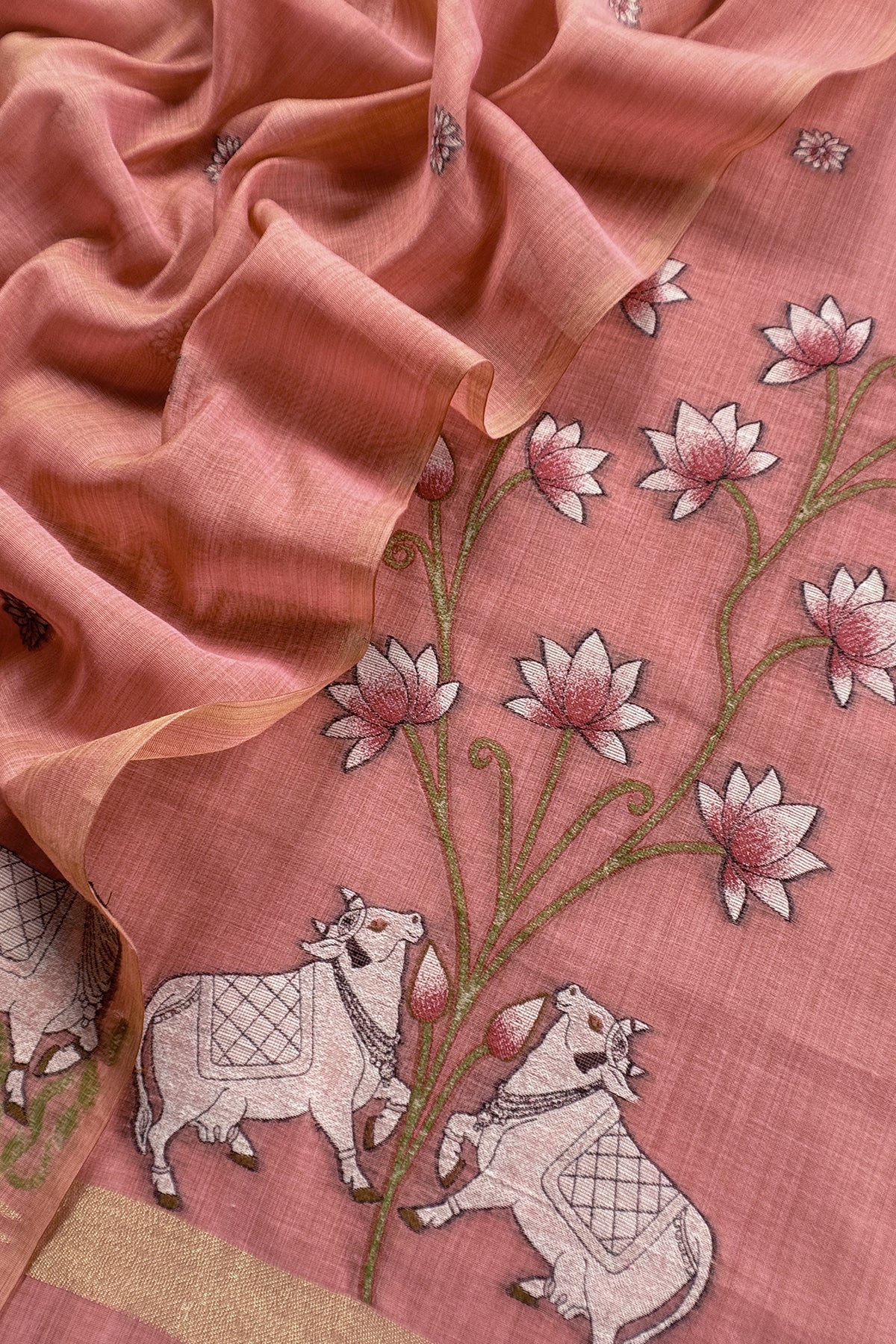 linen chanderi suit with jamdani parrot weaving

