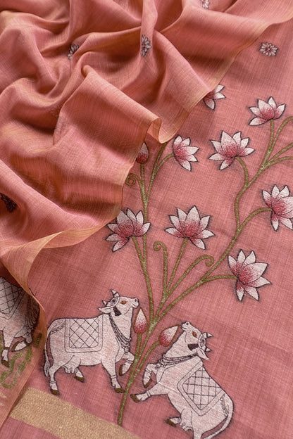 linen chanderi suit with jamdani parrot weaving

