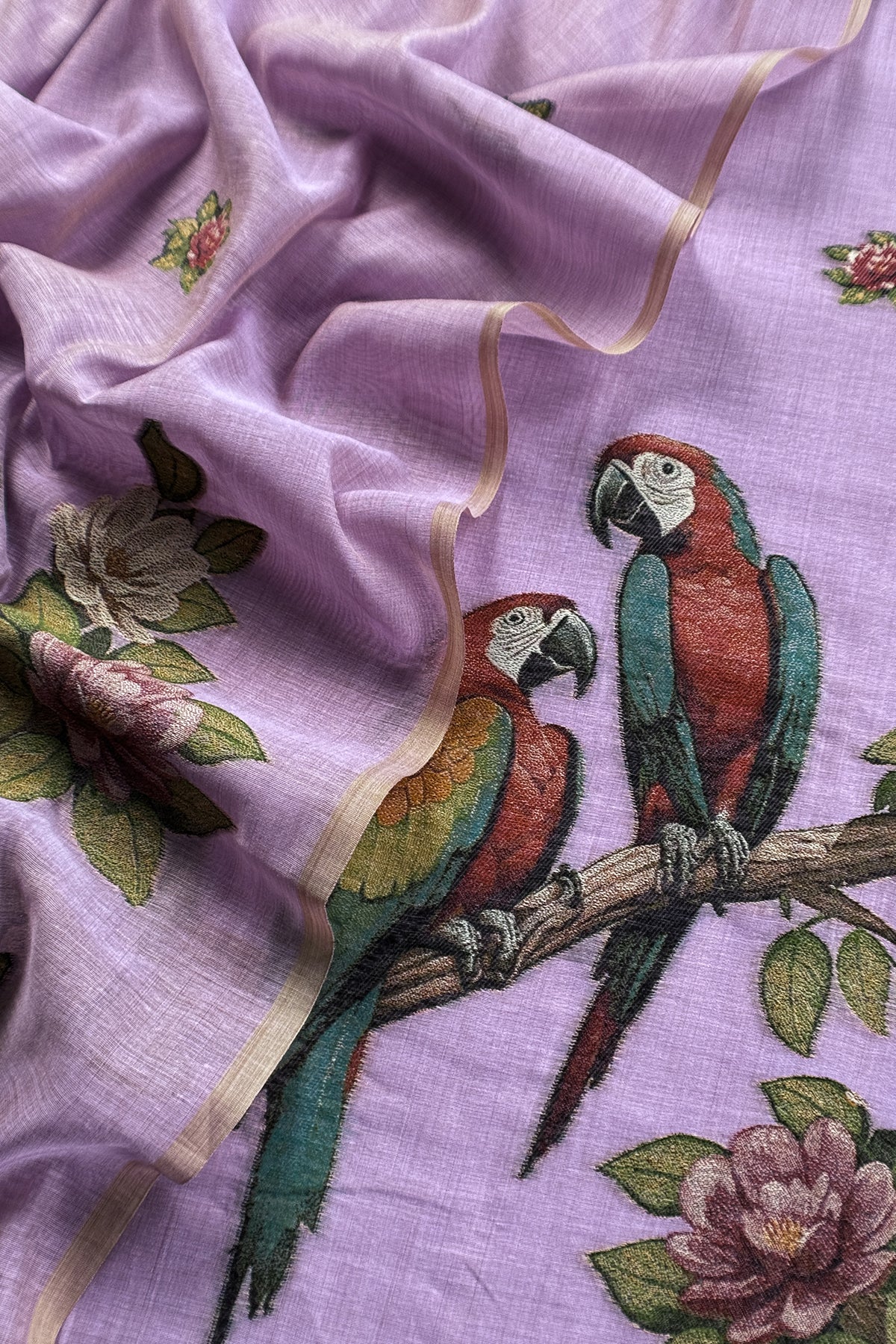 linen chanderi suit with jamdani parrot weaving


