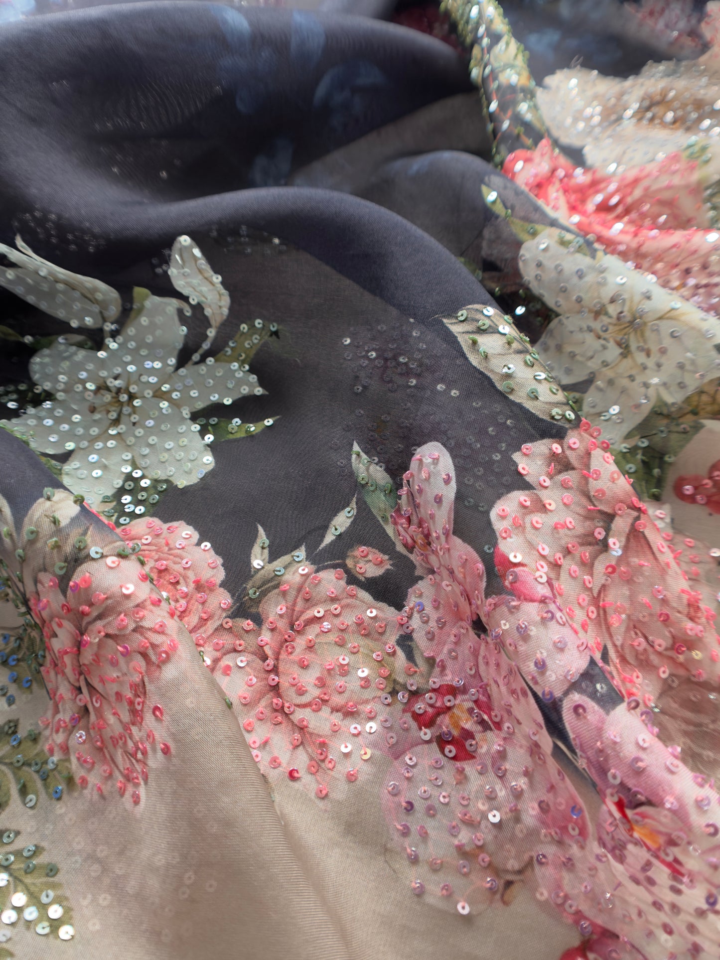 Floral Paradise Cheeku Charcoal Floral Sequin Suit In Pure Kora Silk Fabric