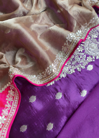 Luxe Violet Golden Handloom Silk Suit Fabric With Dabka, Dori And Gotapatti Hand Work