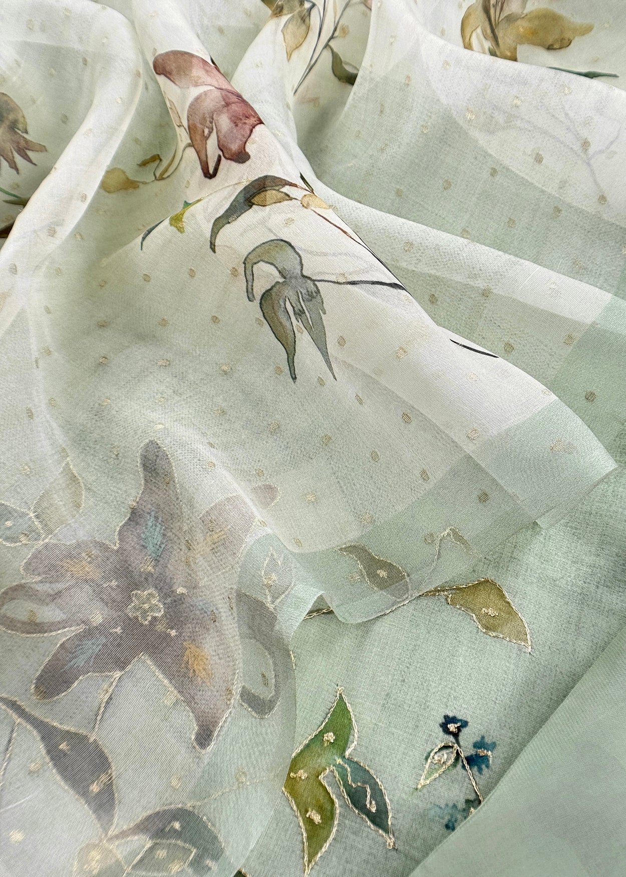 Green Brush Print Pure Kora Silk Unstitched Suit Fabric With Appliqué Work And Pitta Embroidery