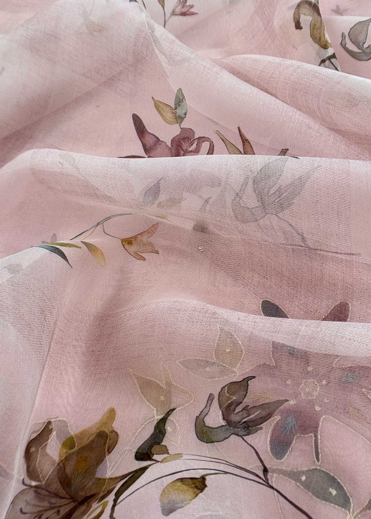 Pink Brush Print Pure Kora Silk Unstitched Suit Fabric With Appliqué Work And Pitta Embroidery