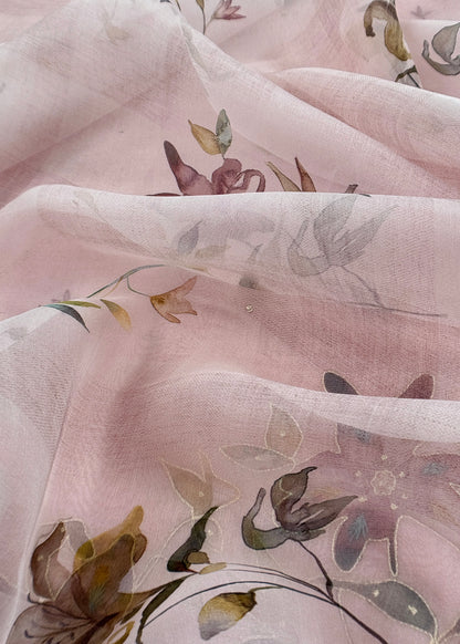 Pink Brush Print Pure Kora Silk Unstitched Suit Fabric With Appliqué Work And Pitta Embroidery