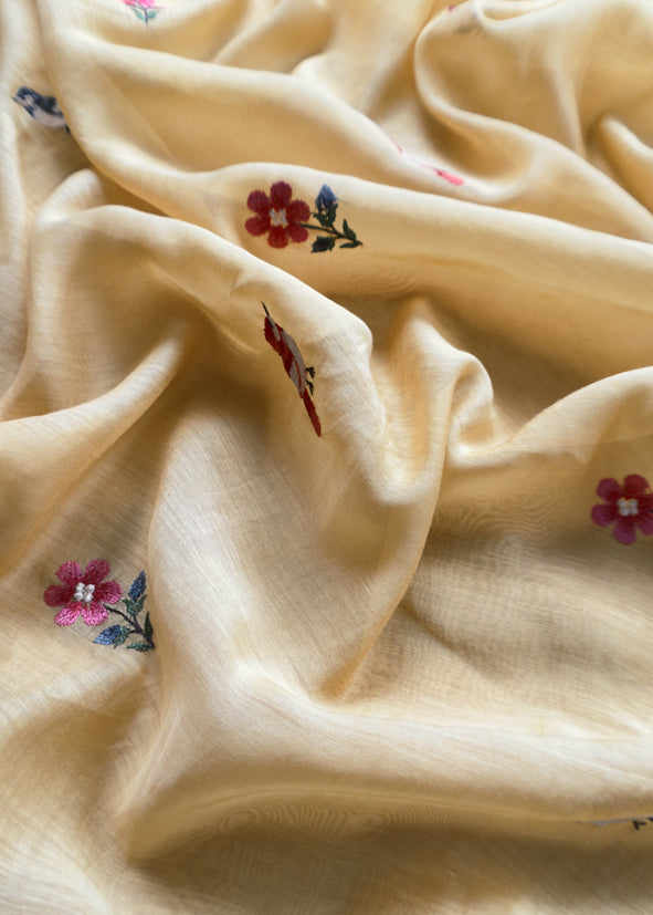 Yellow Pure Mul Cotton Chidiya Embroidered Suit With Dupatta