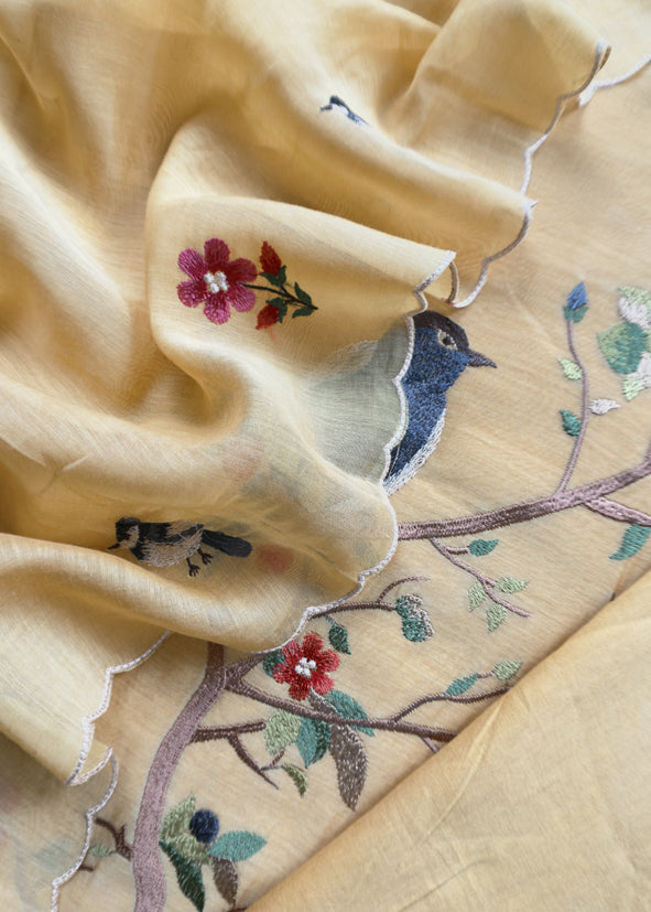 Yellow Pure Mul Cotton Chidiya Embroidered Suit With Dupatta