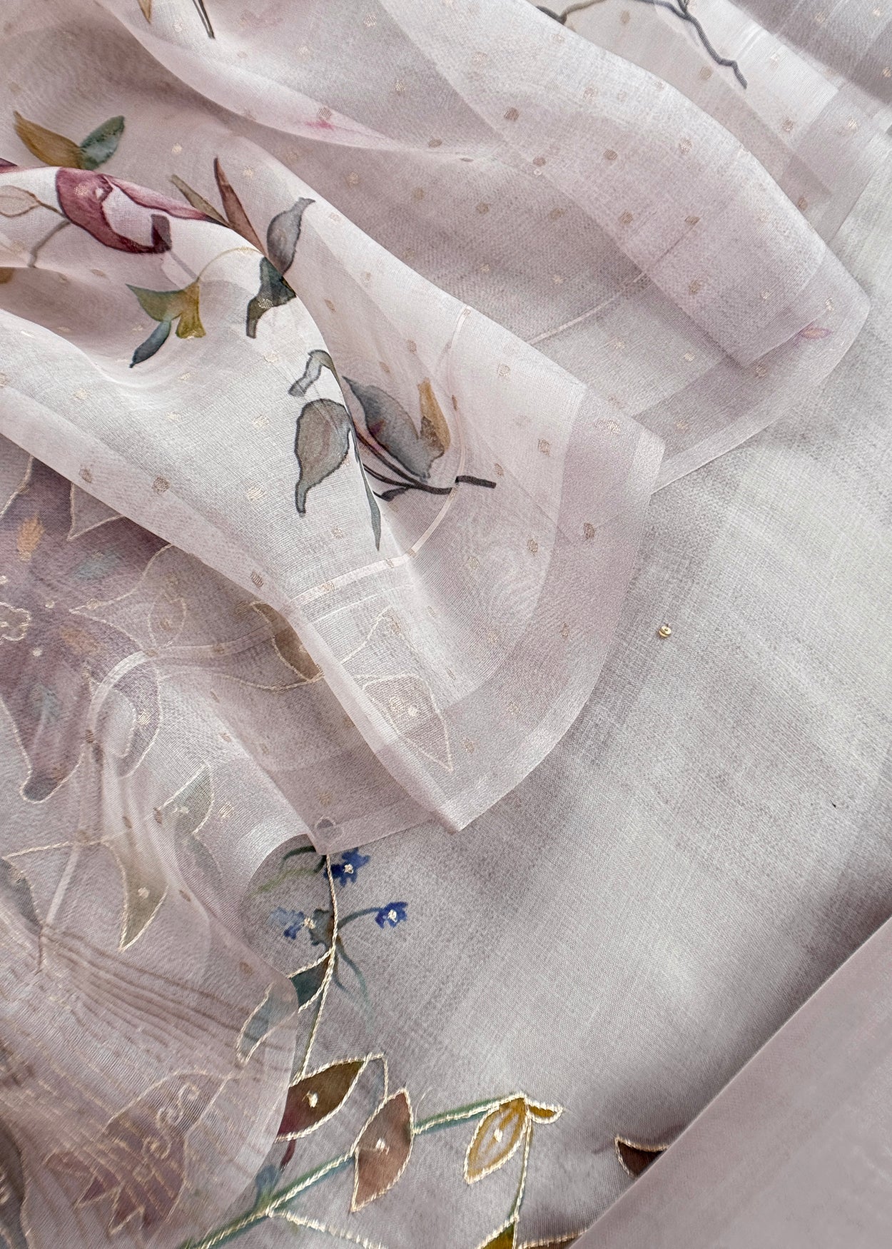 Grey Brush Print Pure Kora Silk Unstitched Suit Fabric With Appliqué Work And Pitta Embroidery