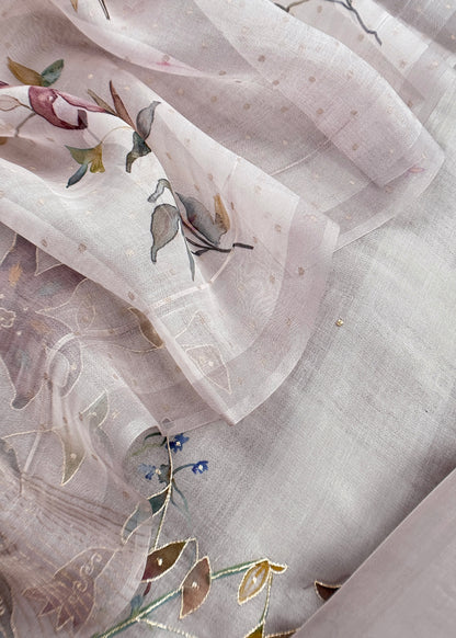 Grey Brush Print Pure Kora Silk Unstitched Suit Fabric With Appliqué Work And Pitta Embroidery