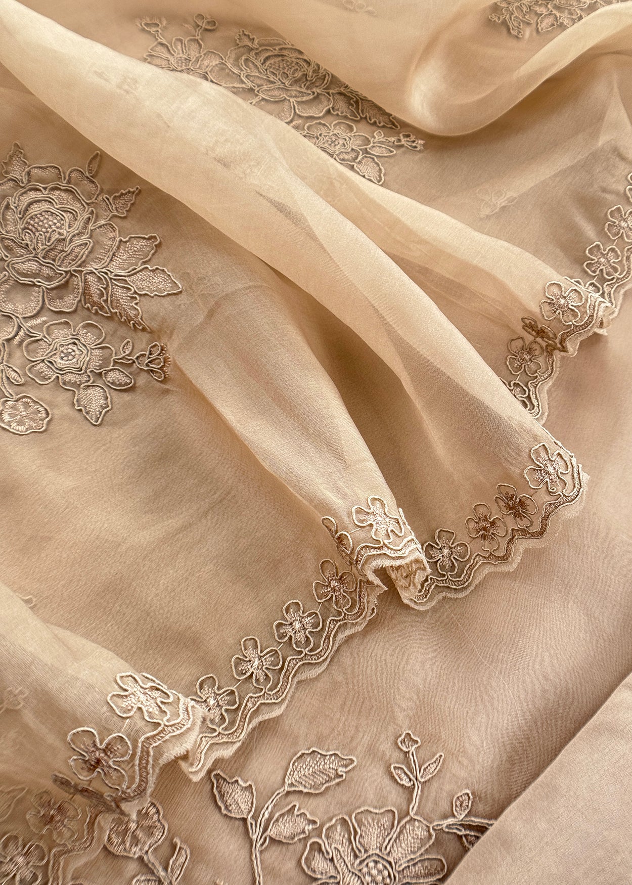 Beige Handloom Kora Silk Unstitched Suit Fabric With French Thread Embroidery