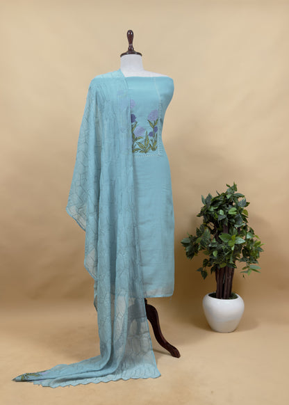 Apple Green Pure Mulmul Suit with Appliqué Work and Embroidery