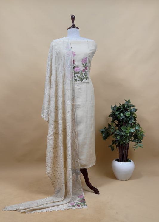 Beige Pure Mulmul Suit with Appliqué Work and Embroidery