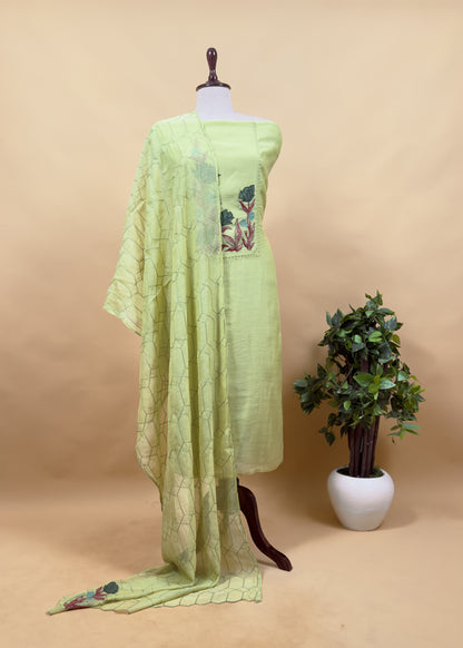 Apple Green Pure Mulmul Suit with Appliqué Work and Embroidery