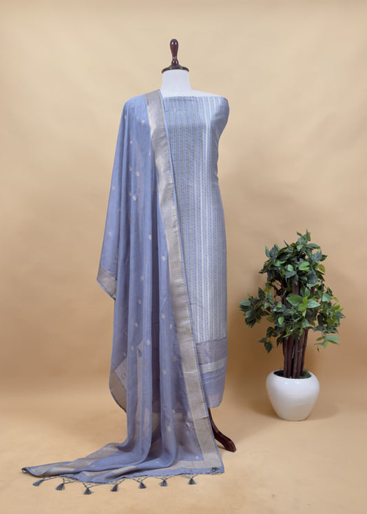 English Blue Brocade Silk Suit Fabric with Gold Weaving