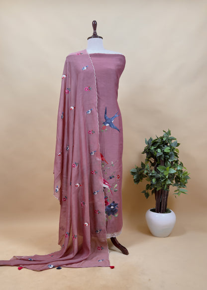 Pink Pure Mul Cotton Chidiya Embroidered Suit With Dupatta