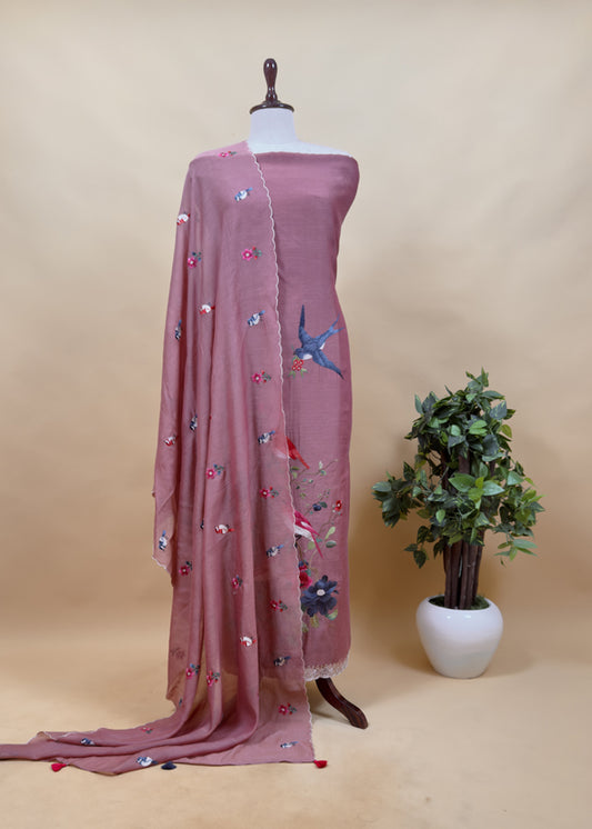 Drak Mauve Pure Mul Cotton Chidiya Embroidered Suit With Dupatta