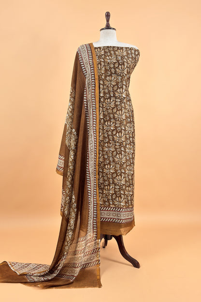 Brown Pure Maheshwari Silk Suit With Hand-block Print