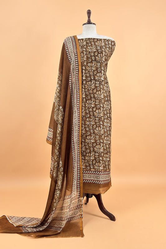 Brown Pure Maheshwari Silk Suit With Hand-block Print