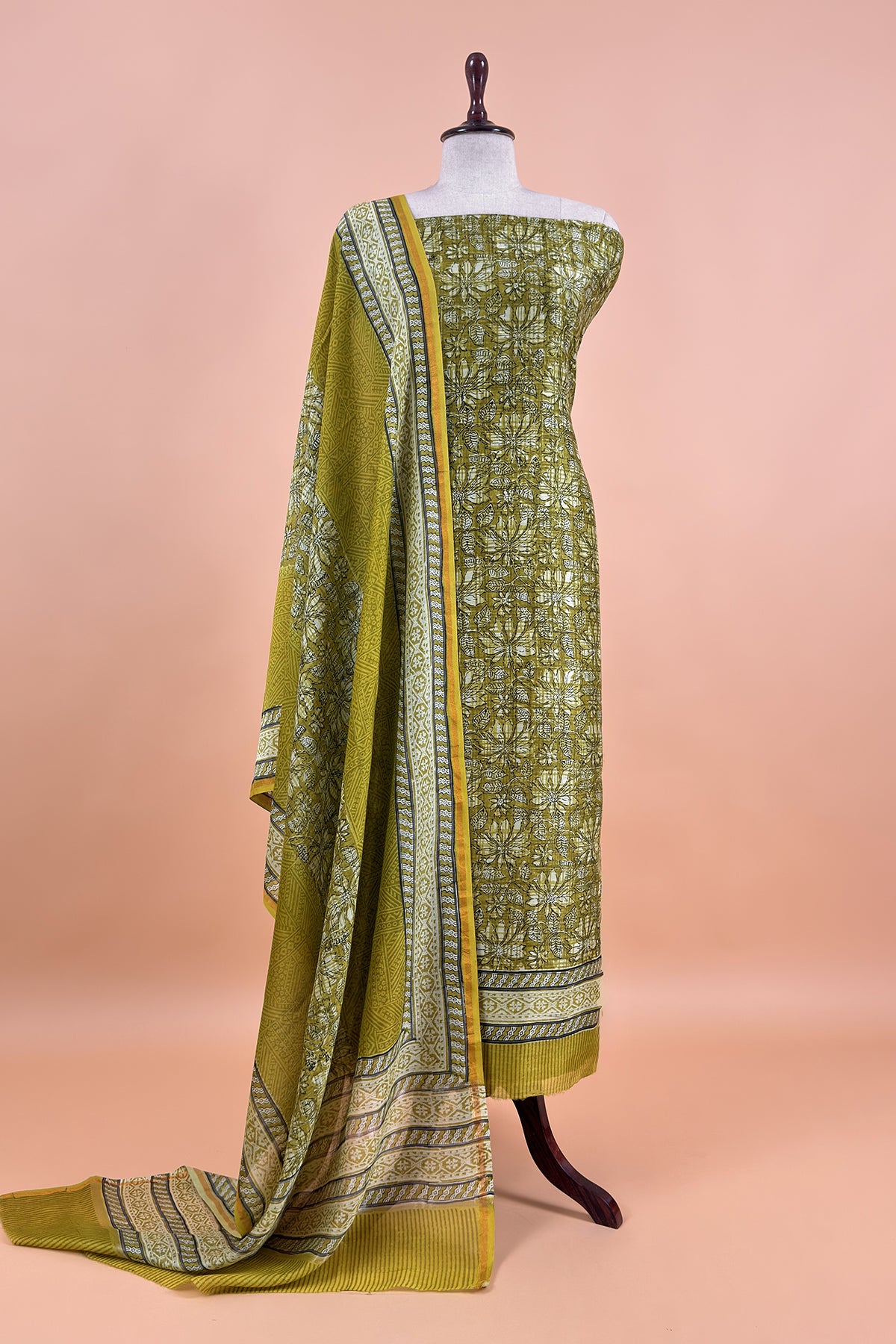 Olive Green Pure Maheshwari Silk Suit With Hand-block Print