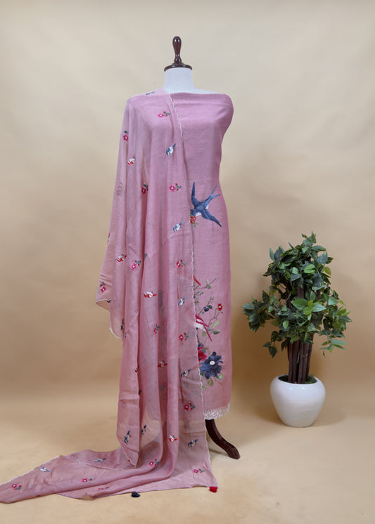Pink Pure Mul Cotton Chidiya Embroidered Suit With Dupatta