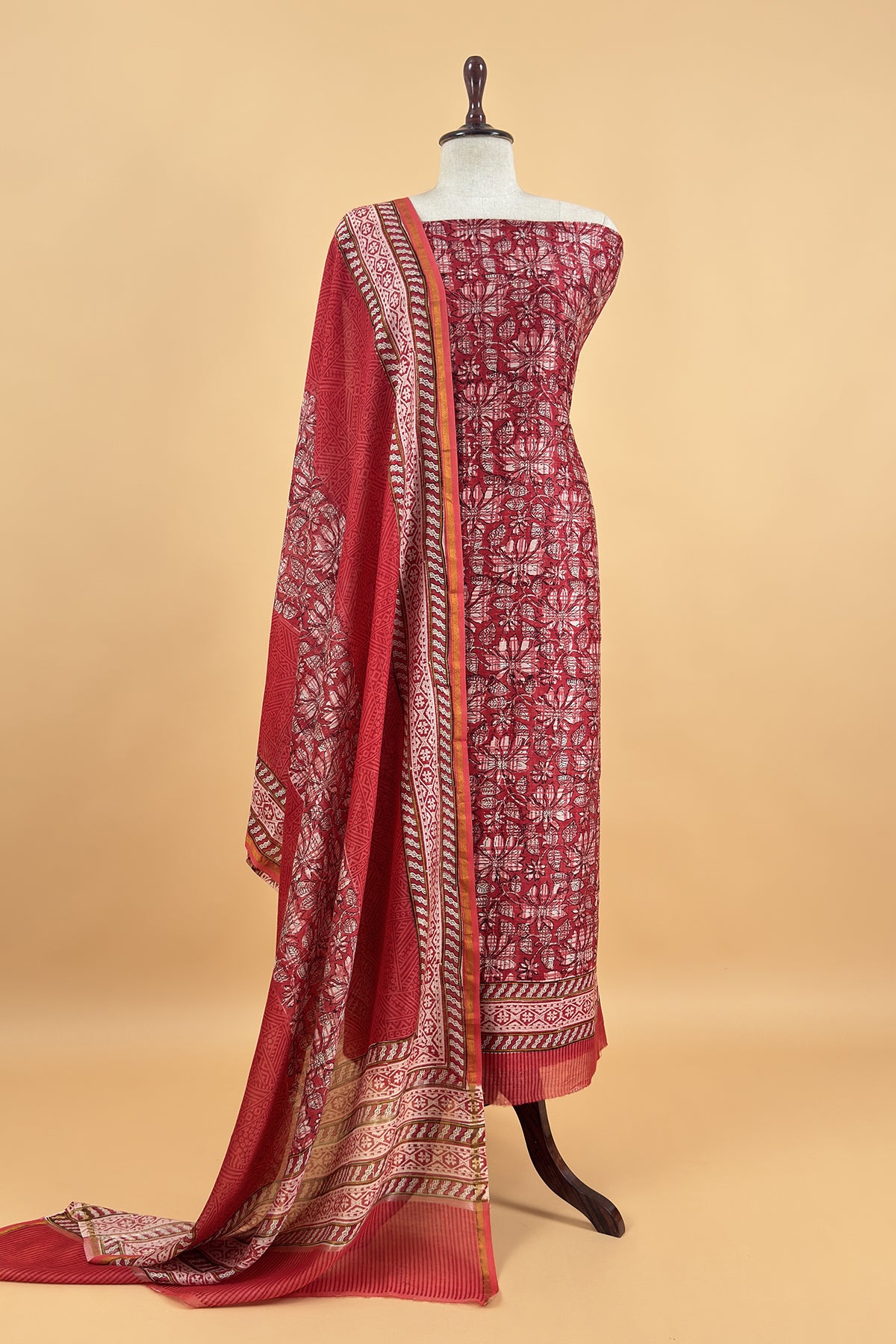 Red Pure Maheshwari Silk Suit With Hand-block Print